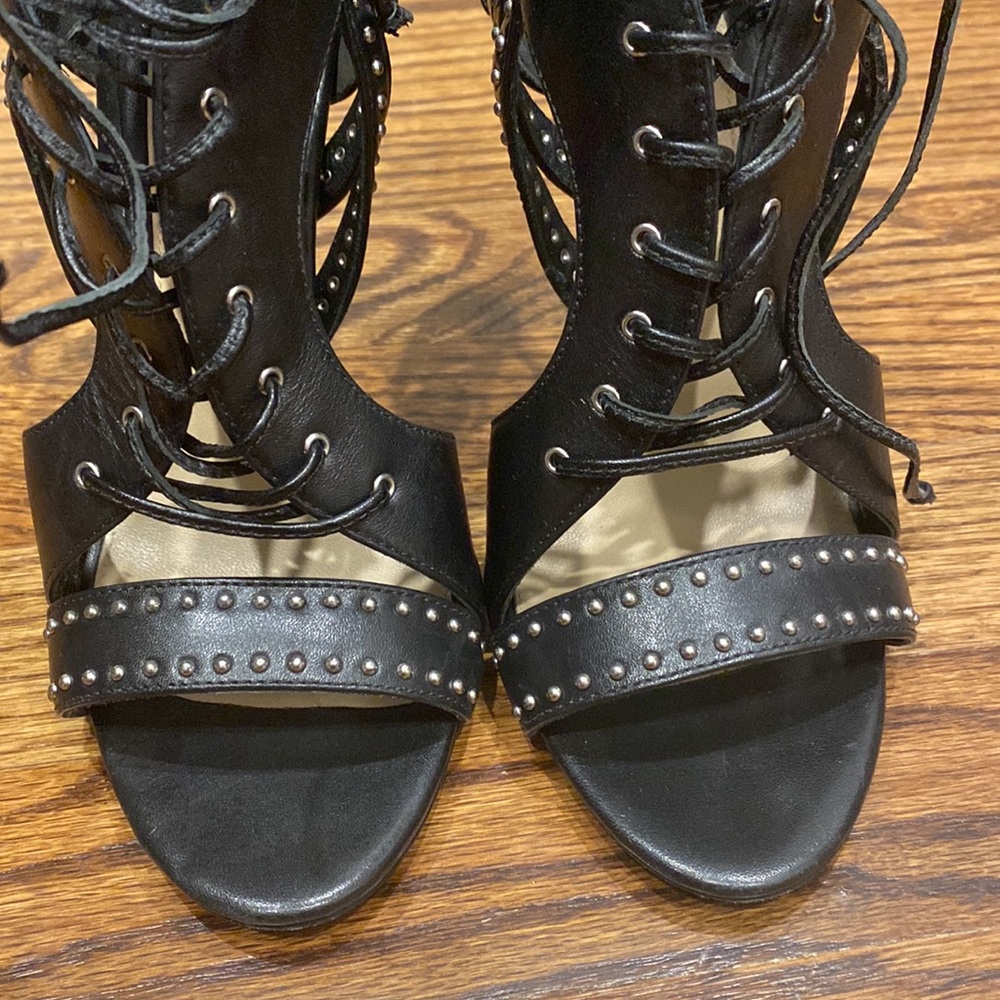 NWOT B Brian Atwood Black Leather Lusia Studded Lace Up Heels - Picture 11 of 12